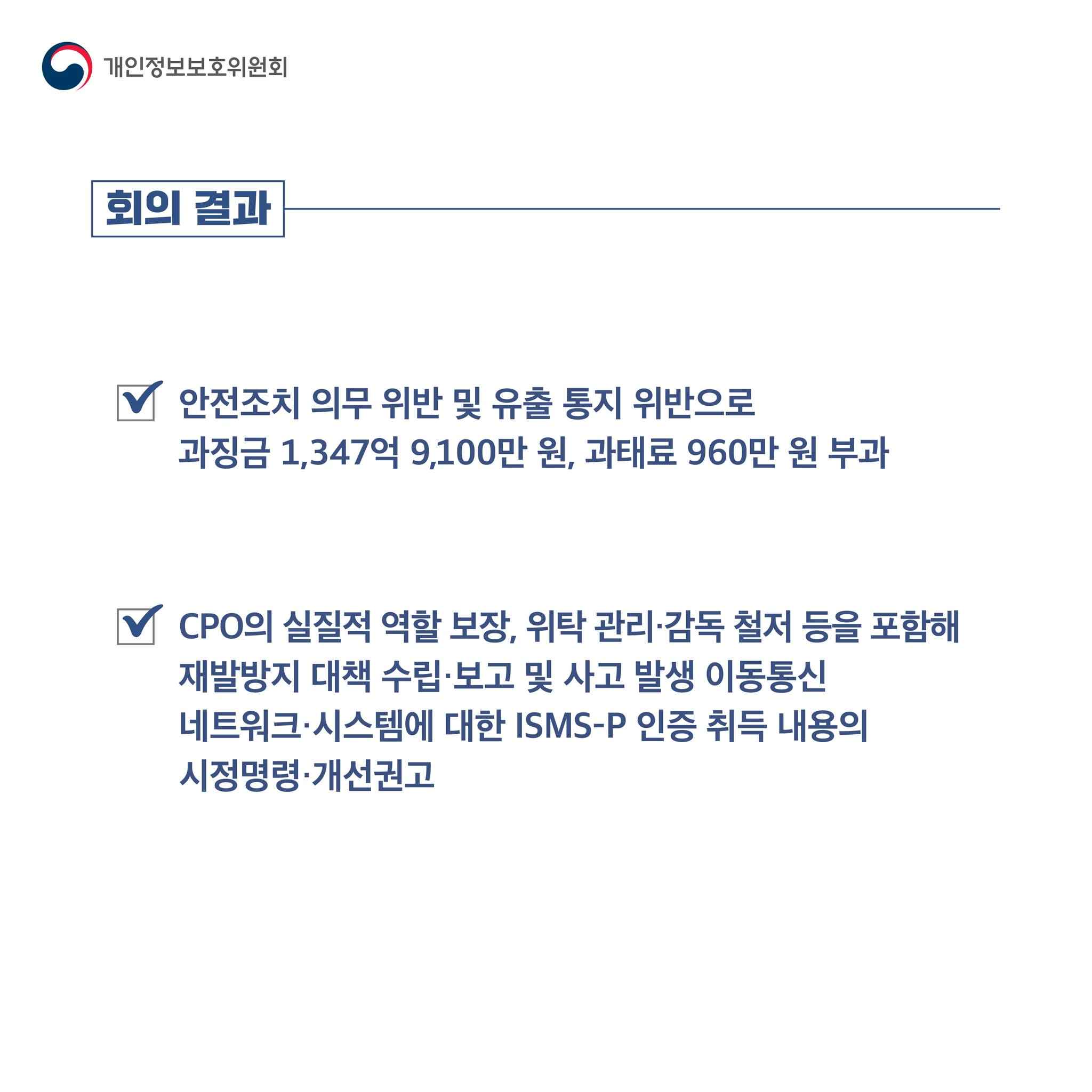 회의 결과
V 안전조치 의무 위반 및 유출 통지 위반으로
과징금 1,347억 9,100만 원, 과태료 960만 원 부과

V CPO의 실질적 역할 보장, 위탁 관리·감독 철저 등을 포함해
재발방지 대책 수립·보고 및 사고 발생 이동통신
네트워크·시스템에 대한 ISMS-P 인증 취득 내용의
시정명령·개선권고
