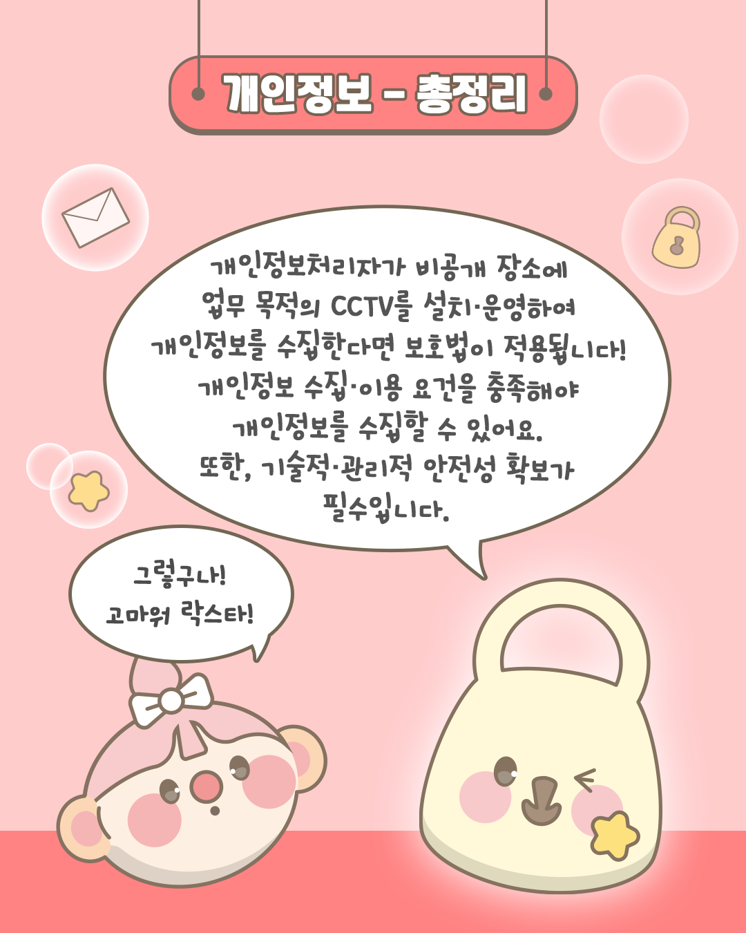 개인정보 - 총정리

개인정보처리자가 비공개 장소에
업무 목적의 CCTV를 설치·운영하여
개인정보를 수집한다면 보호법이 적용됩니다!
개인정보 수집·이용 요건을충족해야
개인정보를 수집할 수 있어요.
또한, 기술적·관리적 안정성 확보가 필수입니다.

그렇구나!
고마워 락스타!