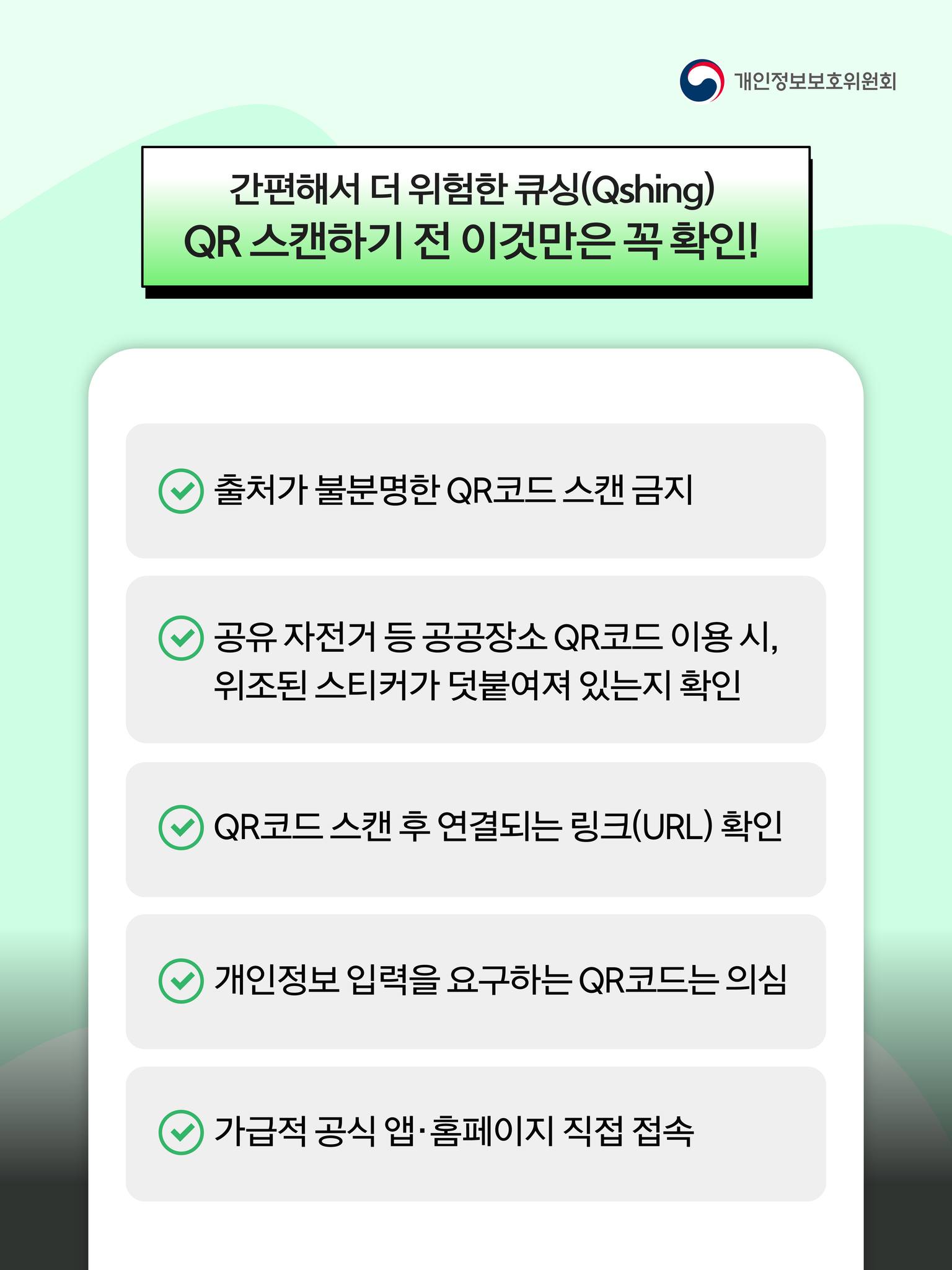 간편해서 더 위험한 큐싱
QR 스캔하기 전 이것만은 꼭 확인
출처가 불분명한 QR코드 스캔 금지
공유 자전거 등 공공장소 QR코드 이용 시, 위조된 스티커가 덧붙여져 있는지 확인
QR코드 스캔 후 연결되는 링크(URL) 확인
개인정보 입력을 요구하는 QR코드는 의심
가급적 공식 앱, 홈페이지 직접 접속