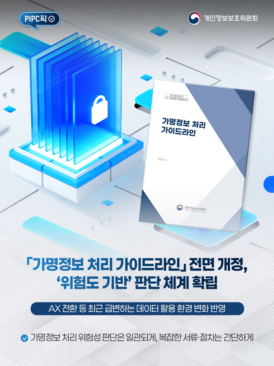 [PIPC픽] 가명정보 처리 가이드라인 전면 개정, 위험도 기반 판단 체계 확립
AX 전환 등 최근 급변하는 데이터 활용 환경 변화 반영
가명정보 처리 위험성 판단은 일관되게, 복잡한 서류와 절차는 간단하게