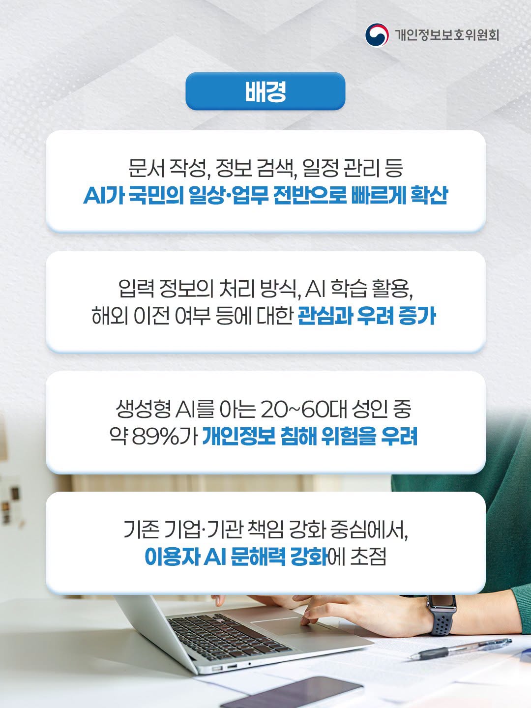 배경
문서 작성, 정보 검색, 일정 관리 등 AI가 국민의 일상·업무 전반으로 빠르게 확산
입력 정보의 처리 방식, AI 학습 활용, 해외 이전 여부 등에 대한 관심과 우려 증가
생성형 AI를 아는 20~60대 성인 중 약 89%가 개인정보 침해 위험을 우려
기존 기업·기관 책임 강화 중심에서, 이용자 AI 문해력 강화에 초점