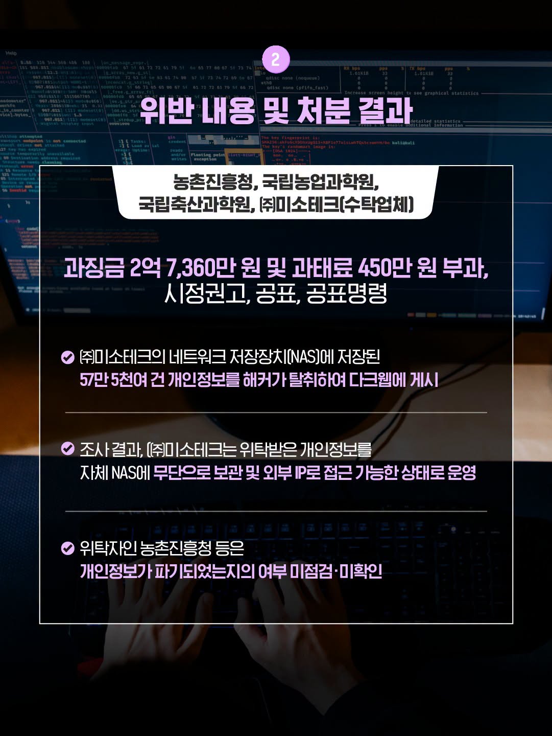 위반 내용 및 처분 결과
농촌진흥청, 국립농업과학원, 국립축산과학원, ㈜미소테크(수탁업체): 과징금 2억 7360만 원 및 과태료 450만 원 부과, 시정권고, 공표, 공표명령
㈜미소테크의 네트워크 저장장치(NAS)에 저장된 57만 5천여 건 개인정보를 해커가 탈취하여 다크웹에 게시
조사 결과, ㈜미소테크는 위탁받은 개인정보를 자체 NAS에 무단으로 보관 및 외부 IP로 접근 가능한 상태로 운영
위탁자인 농촌진흥청 등은 개인정보가 파기되었는지의 여부 미점검·미확인