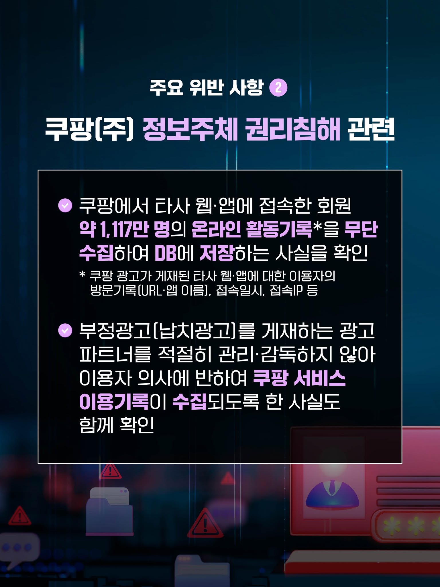 주요 위반 사항 2
쿠팡(주) 정보주체 권리침해 관련

√ 쿠팡에서 타사 웹·앱에 접속한 회원 약 1,117만 명의 온라인 활동기록*을 무단 수집하여 DB에 저장하는 사실을 확인
* 쿠팡 광고가 게재된 타사 웹·앱에 대한 이용자의 방문기록(URL·앱 이름), 접속일시, 접속IP 등

√ 부정광고(납치광고)를 게재하는 광고 파트너를 적절히 관리·감독하지 않아 이용자 의사에 반하여 쿠팡 서비스 이용기록이 수집되도록 한 사실도 함께 확
