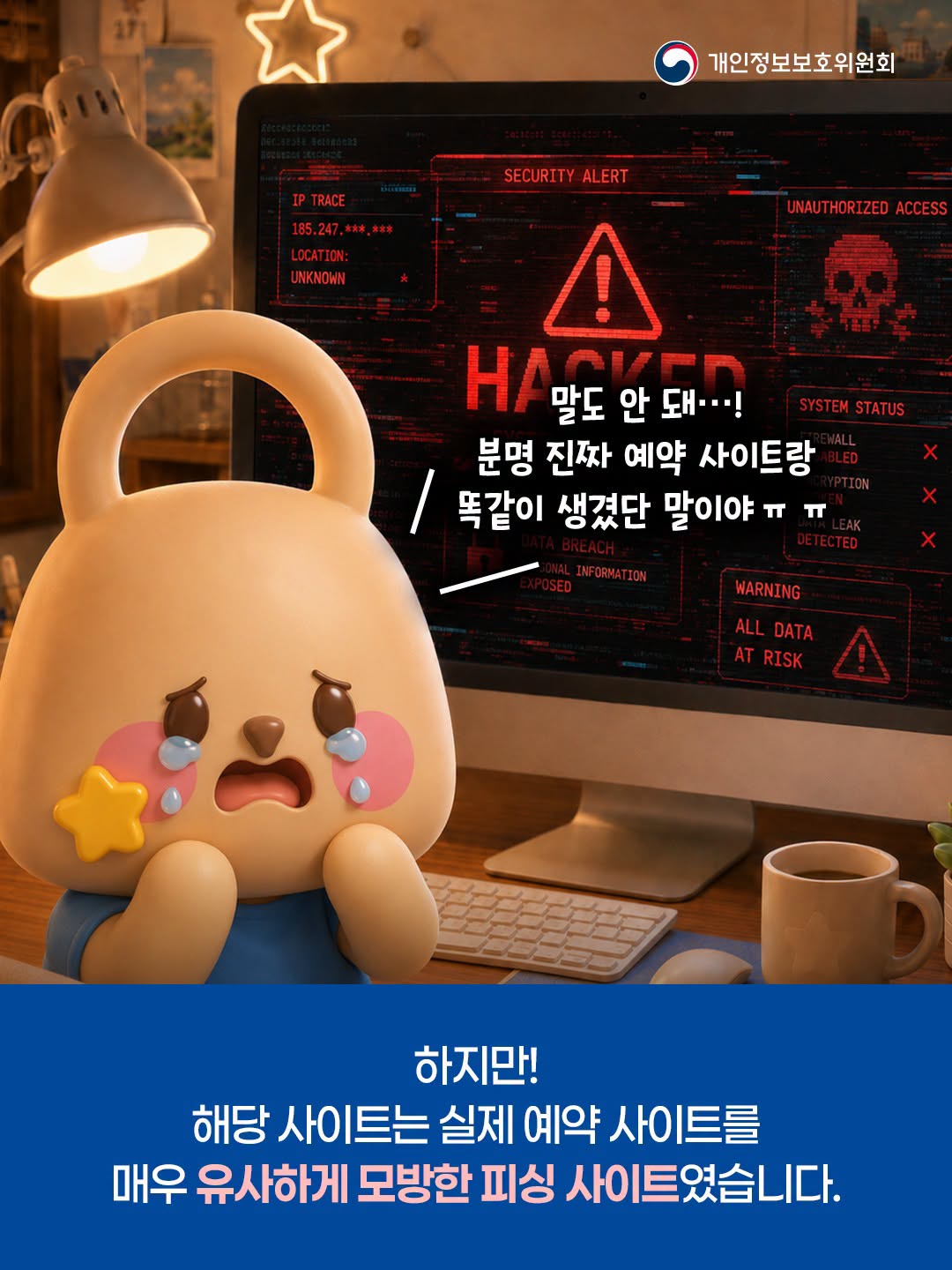 말도 안돼…! 분명 진짜 예약 사이트랑 똑같이 생겼단 말이야 ㅠㅠ
하지만!
해당 사이트는 실제 예약 사이트를
매우 유사하게 모방한 피싱 사이트였습니다.