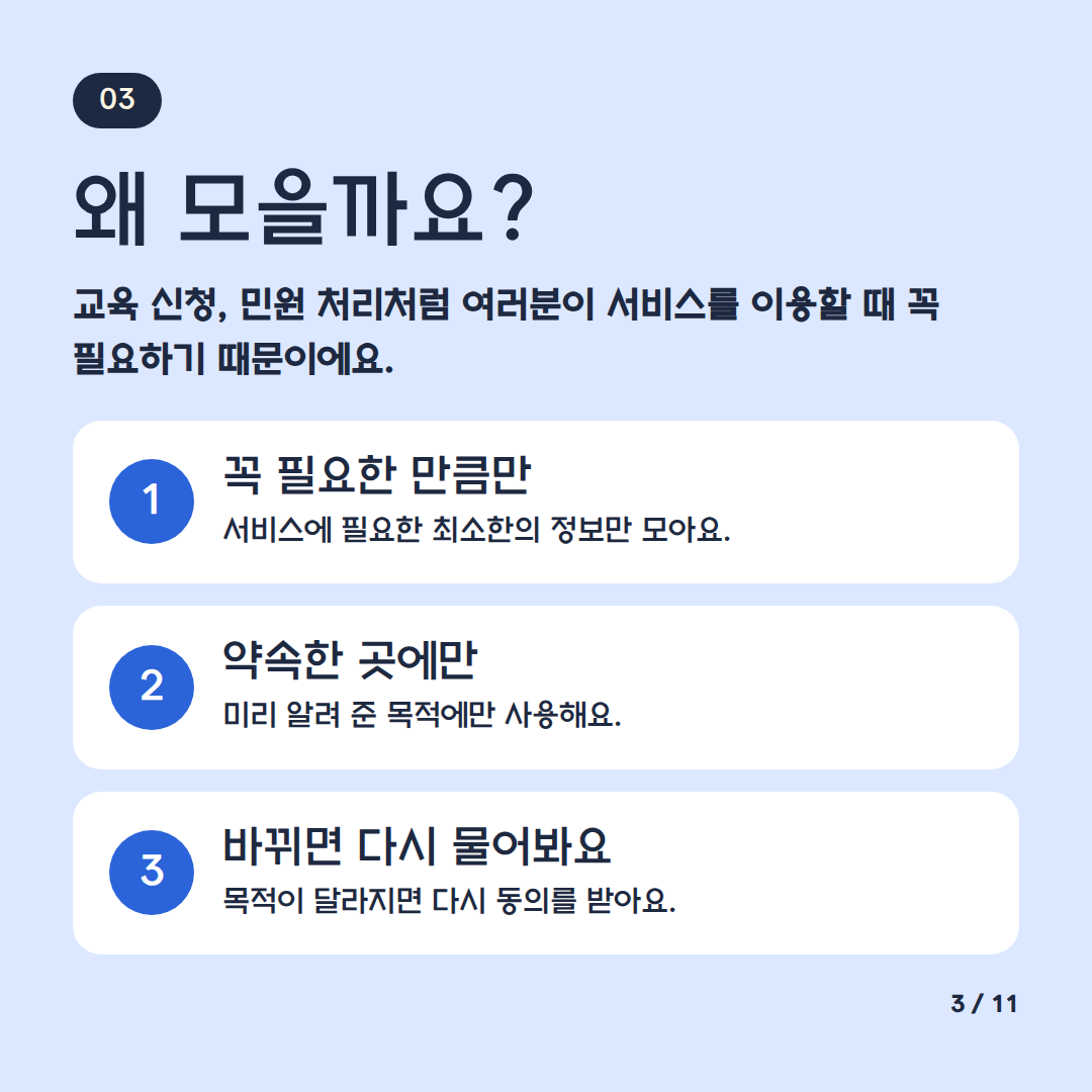 왜 모을까요?
교육 신청, 민원 처리처럼 여러분이 서비스를 이용할 때 꼭 필요하기 때문이에요
1. 꼭 필요한 만큼만 서비스에 필요한 최소한의 정보만 모아요
2. 약속한 곳에서만 미리 알려 준 목적에만 사용해요
3. 바뀌면 다시 물어봐요 목적이 달라지면 다시 동의를 받아요