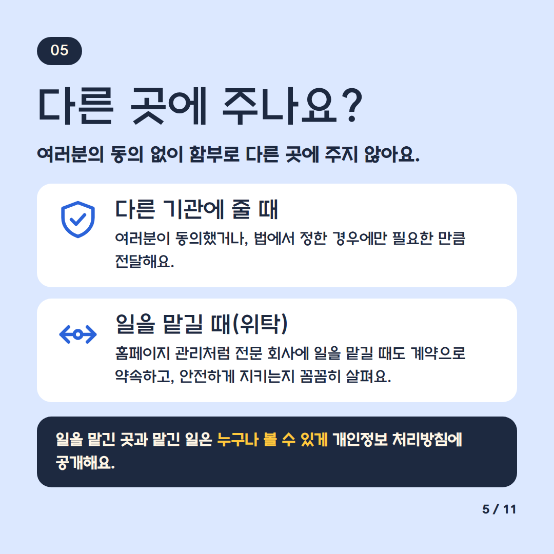다른 곳에 주나요?
여러분의 동의 없이 함부로 다른 곳에 주지 않아요
다른 기관에 줄 때 여러분이 동의햇거나 법에서 정한 경우에만 필요한 만큼 전달해요
일을 맡길 때(위탁) 홈페이지 관리처럼 전문 회사에 일을 맡길 때도 계약으로 약속하고 안전하게 지키는지 꼼꼼히 살펴요
일을 맡긴 곳과 맡긴 일은 누구나 볼 수 있게 개인정보 처리 방침에 공개해요