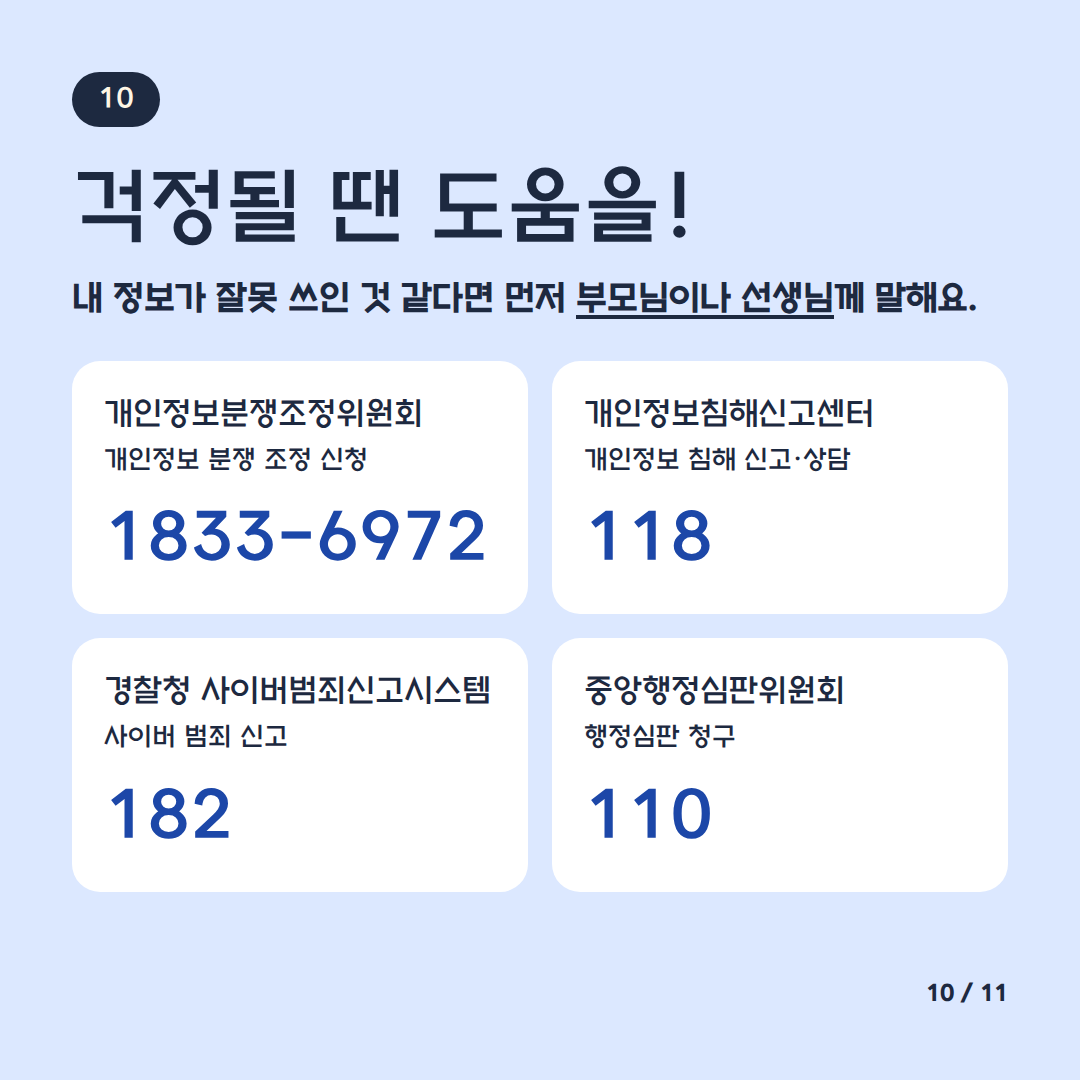 걱정될 땐 도움을! 내 정보가 잘못 쓰인 것 같다면 먼저 부모님이나 선생님께 말해요
개인정보분쟁조정위원회 개인정보 분쟁 조정 신청 1833-6972
개인정보침해신고센터 개인정보 침해신고 상담 118
경찰청 사이버 범죄 신고 시스템 182
중앙행정심판위원회 행정심판 청구 110