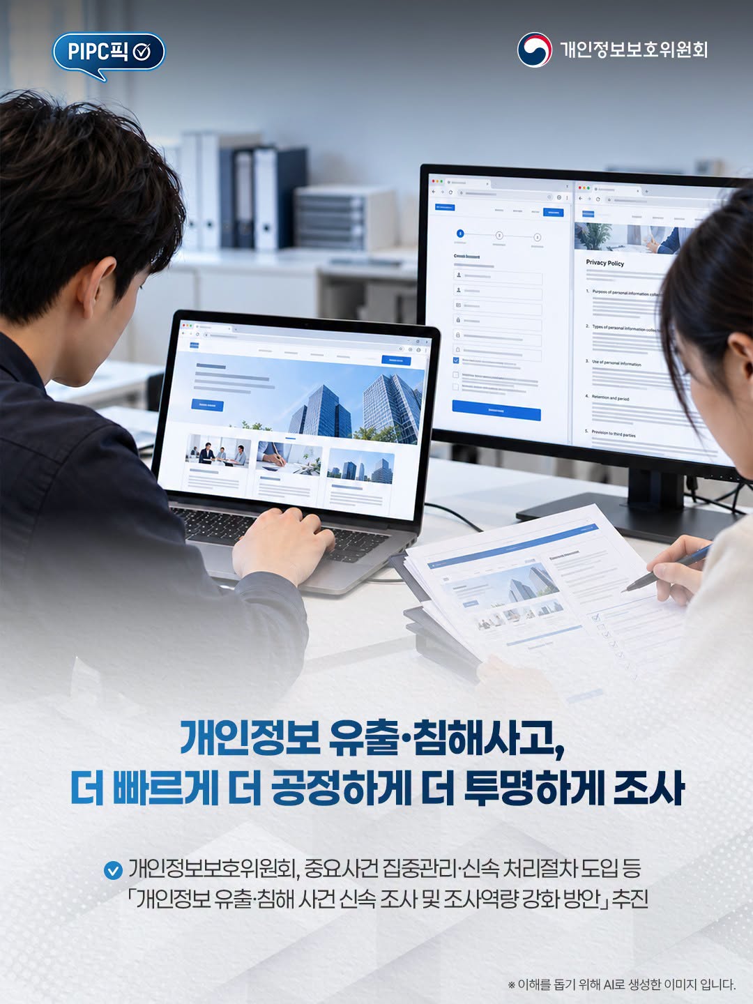 개인정보유출·침해사고,
더 빠르게 더 공정하게 더 투명하게 조사
개인정보보호위원회, 중요사건집중관리·신속처리절차도입등 「개인정보유출·침해사건 신속 조사 및 조사역량강화방안」추진